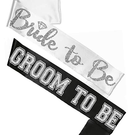 Bride Silver Diamond White & Groom Sporty Black Sash Set