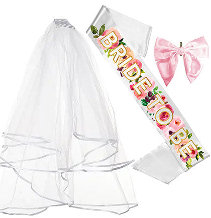 Watercolor Floral Bride to Be Sash, Veil & Bow - Set of 3