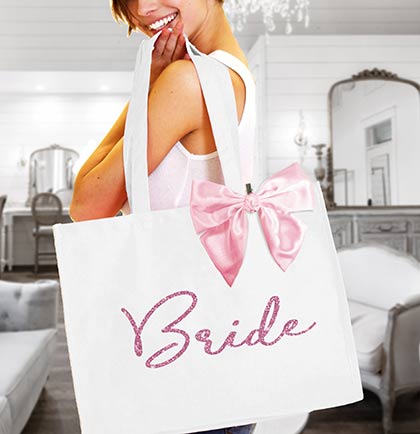 Bride Script Pink White Tote with Blush Bow