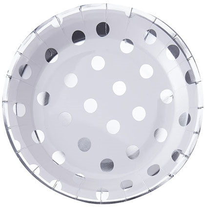 These 9" dinner plates feature a fun silver and white polka dot pattern that is sure to be the focal point of the room. Combine with solid color selections in silver, white, or a bold pop of color to create a fun statement.