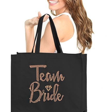 Team Bride Diamond Rose Gold Rhinestud Large Canvas Tote