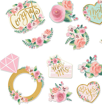 Create a backdrop for a bachelorette party or bridal shower with these pretty Pink & Mint Floral Cutouts. The set includes eight pieces that have saying like She Said Yes, Congrats, Mint to Be and more! Use the cutouts by hanging against a wall behind a party table. The cutouts can also be used as props while taking party pictures.  