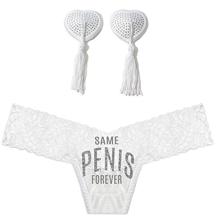 Silver Same Pen*s Forever Lace Thong & Pasties Set, Lingerie Shower Gifts